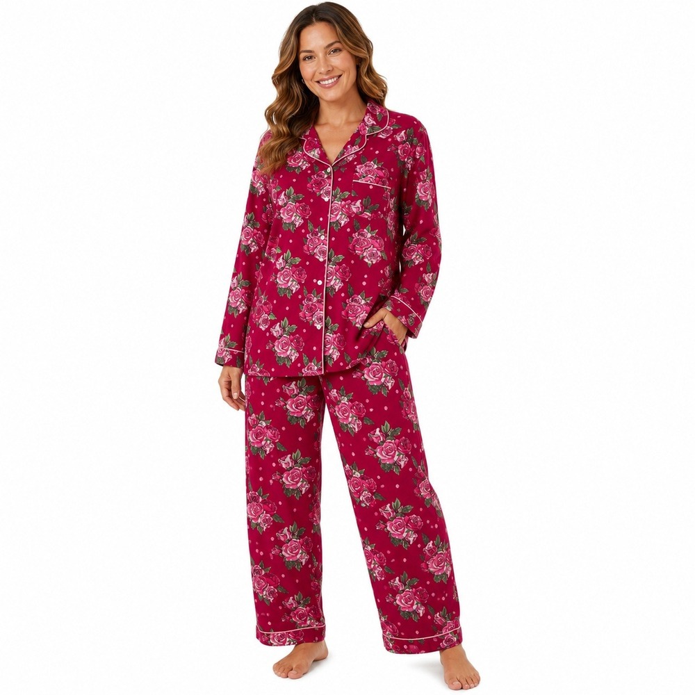 Mahogany Pajama Set Women XL Pink Floral Polka Dot 100% Cotton Long Sleeve Pants